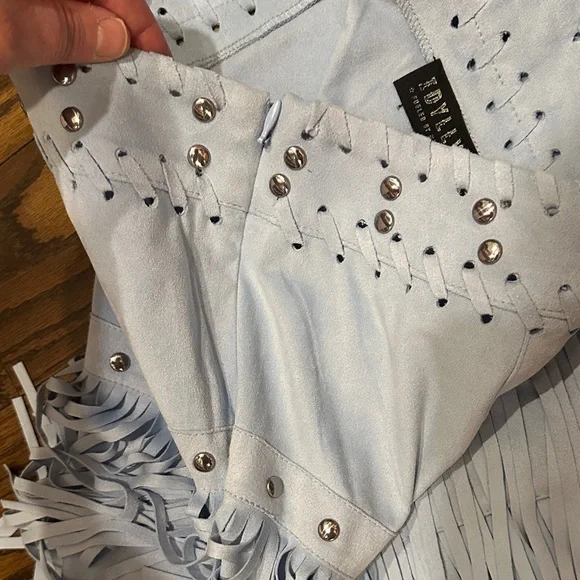 Idyllwind Light Blue Fringe Mini Skirt with Stud Details size XL - Picture 4 of 9